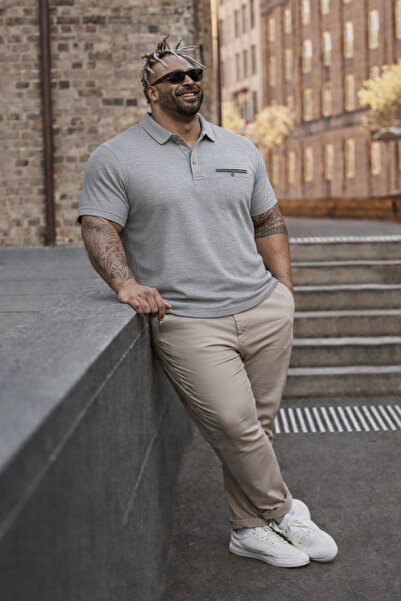 Maccali Tricou pentru bărbați de mărime mare, gri de bază, cu guler polo