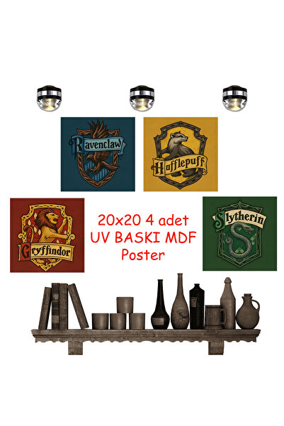 Hayal Poster Harry Potter 4 Adet 20x20 UV Baskı MDF Retro Ahşap Poster Tablo