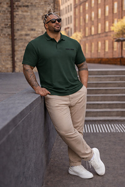 Maccali Men's Plus Size Basic Khaki Polo Neck T-Shirt with Pockets