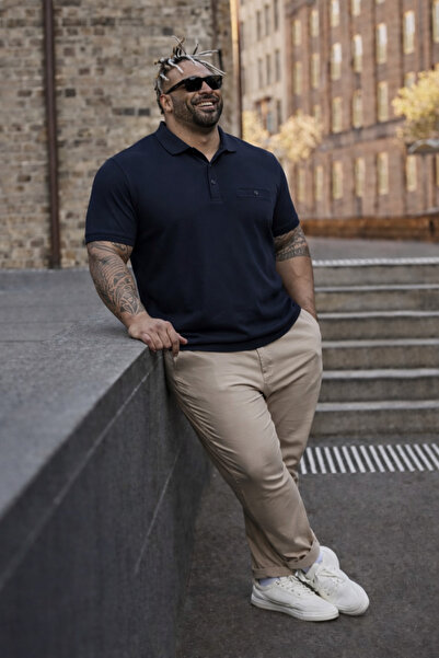 Maccali Men's Plus Size Basic Navy Blue Polo Neck T-Shirt with Pockets