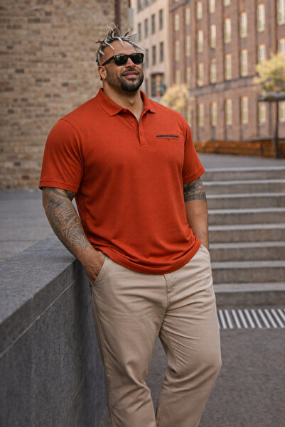 Maccali Men's Plus Size Basic Red Polo Neck T-Shirt with Pockets