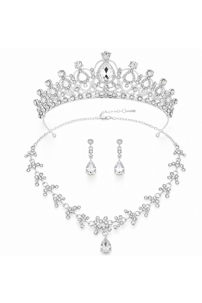 DeNors Taşlı Gelin Takı Seti | Lüks Düğün‑Nişan‑Kına Tacı Kolye Küpe