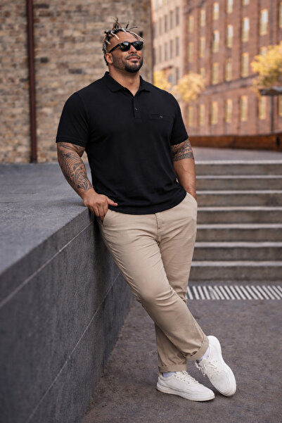 Maccali Ανδρικό μπλουζάκι μεγάλου μεγέθους Basic μαύρο μπλουζάκι με γιακά πόλ...