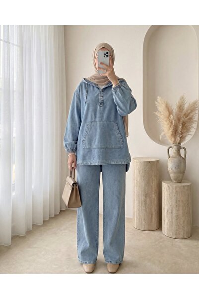 Modamorfo طقم جينز بجيب كانجارو وغطاء رأس وأزرار أمامية - أزرق