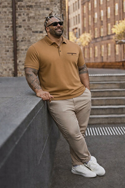 Maccali Men's Plus Size Basic Camel Polo Neck T-Shirt with Pockets