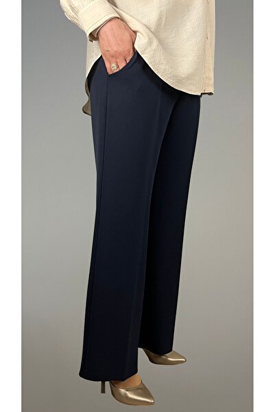 Taşpınar Butik Navy Blue Elastic Waist Wide Leg Trousers
