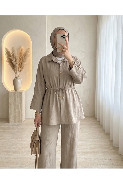 Modamorfo Cotton Crinkle Suit with Tunnel Lacing and Elastic Waistband Trouse...