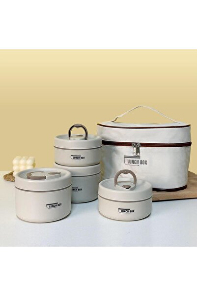 OEM Set Caserole Termice Inox 304 (4 bucati, 2080 ml) cu Geanta Izoterma, Crem