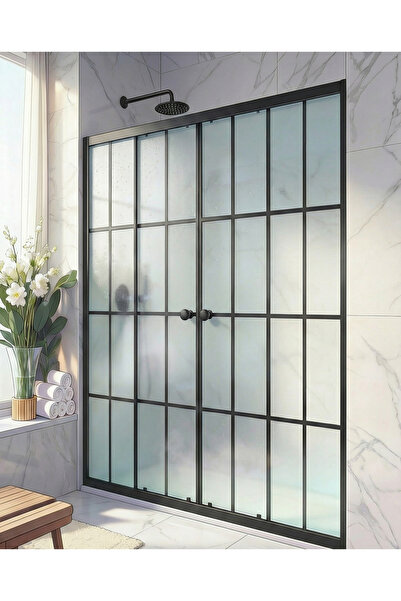 Durul Ön Cephe Siyah Çizgi Karolaj Desenli Komple Buzlu Temperli Duşakabin