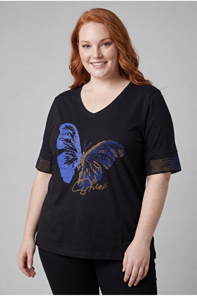 Ebsumu Bluză neagră cu imprimeu fluture de mărime Plus pentru damă