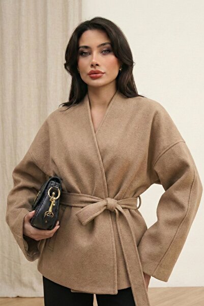 bysoca Women's Beige Belted Shawl Collar Oversize Low Shoulder Short Cashmere...