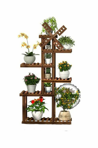 ALANDEKOR Eskitme Ahşap Dekoratif Çiçeklik Saksılık Balkon Bahçe Standı