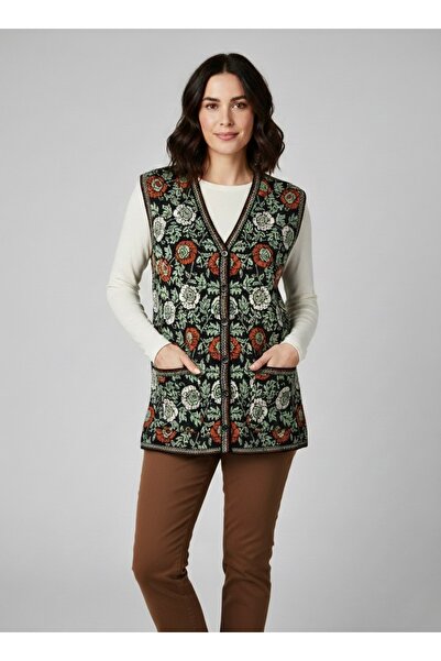 SİNAY TRİKO Büyük Beden Kadın Kardelen Desenli Düğmeli Cepli Anne Yelek