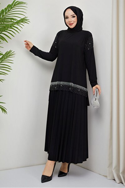 modamira Kadın Siyah Sandy Özel Tasarım Tarz Davet Taş Detaylı Bluz Etek Pili...
