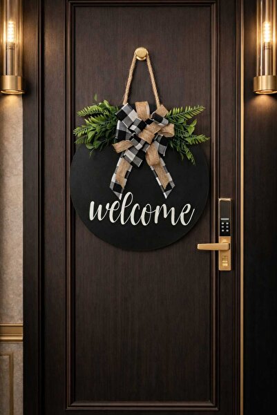 s'he design organizasyon Door Decoration Welcome Wooden Plaid Black Ribbon Ex...