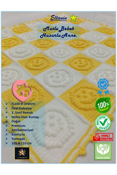 Güneş Alize El Örgüsü Pamuklu Organik Triko Popcorn Yumuşak Bebek Battaniyesi