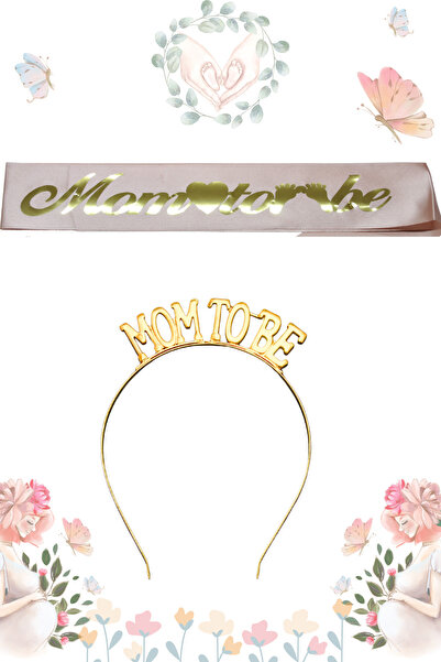Larenya Mom To Be Metal Taç Ve Kuşak & Baby Shower Set & Pembe Altın Kuşak Altın Taç