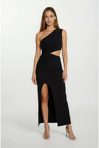 Spazio Orindo Tek Omuz Beli Açık Asimetrik Uzun Abiye Elbise SİYAH