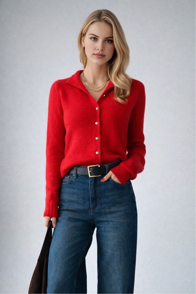 LOOSH Kadın Kırmızı Dik Yaka İnci Düğmeli Hırka