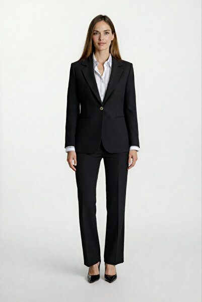 Spazio Didima Klasik Yaka Bele Oturan Flotalı Ceket SİYAH