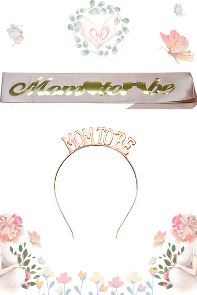 Larenya Mom To Be Metal Taç Ve Kuşak & Baby Shower Set & Pembe Altın Kuşak Ro...