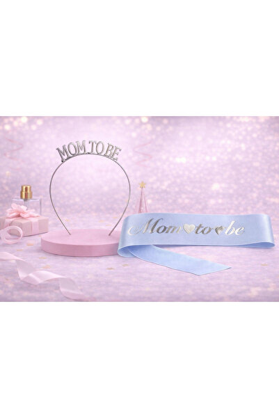 Larenya Mom To Be Metal Taç Ve Kuşak & Baby Shower Set & Mavi Gümüş Kuşak Gümüş Taç