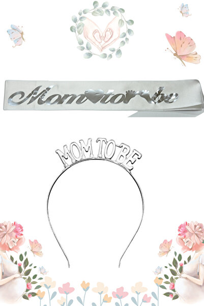 Larenya Mom To Be Metal Taç Ve Kuşak & Baby Shower Set & Beyaz Gümüş Kuşak Gümüş Taç