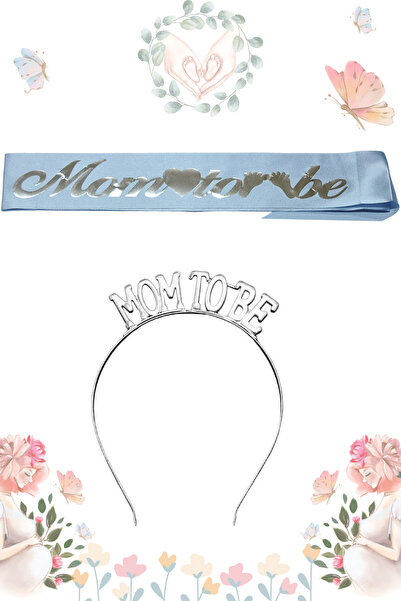 Larenya Mom To Be Metal Taç Ve Kuşak & Baby Shower Set & Mavi Gümüş Kuşak Gümüş Taç