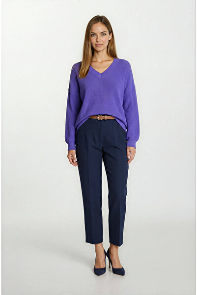 Spazio Furmann Yüksek Bel Deri Kemerli Dar Paça Pantolon LACİVERT