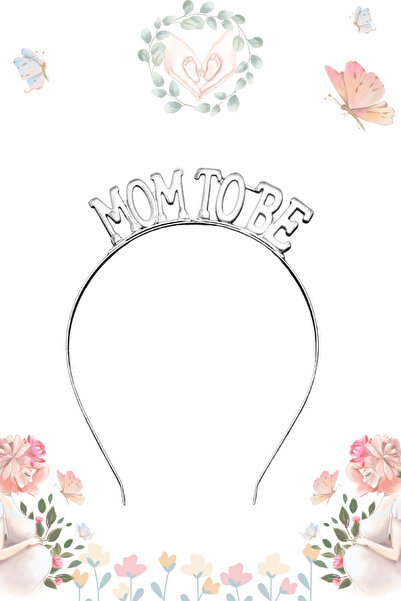 Larenya Mom To Be Metal Taç Ve Kuşak & Baby Shower Set & Beyaz Gümüş Kuşak Gümüş Taç