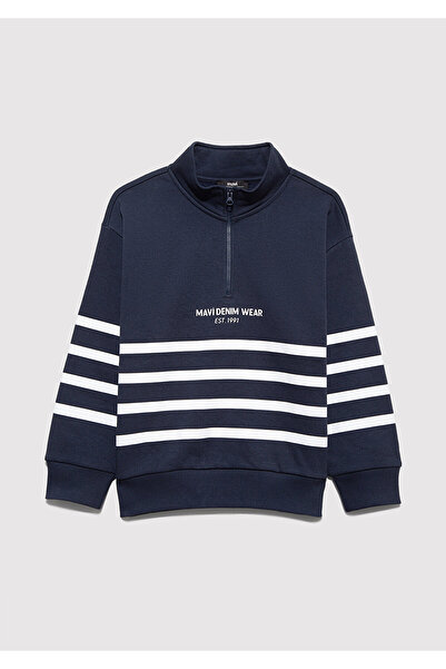 Mavi Yarı Fermuarlı Çizgili Sweatshirt 6S10067-82318