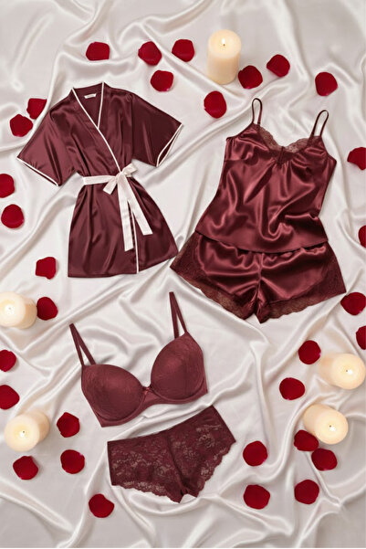 ZENCHES طقم ثوب نوم وروب من الساتان بحزام صغير للعروس