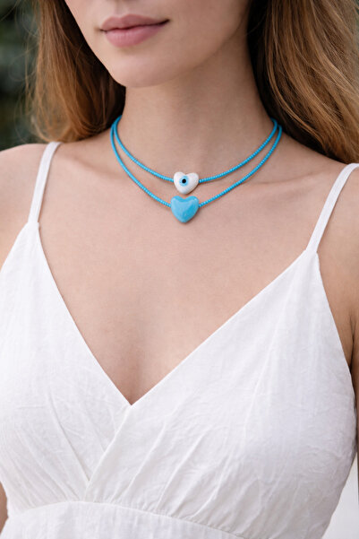 Yağmur Heart Evil Eye Beaded Glass Stone Necklace Blue Navy Summer Vacation B...