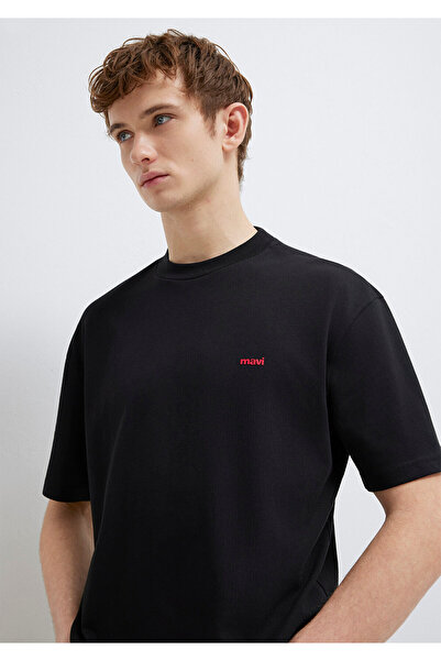 Mavi Schwarzes Basic-T-Shirt mit Logo-Print, lockere Passform / lockere, ents...