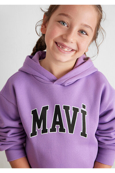 Mavi Logo Baskılı Kapüşonlu Mor Sweatshirt 7610035-70586