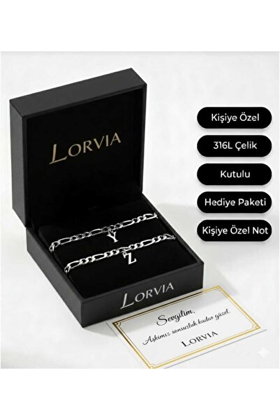 Lorvia 2'Li Çift Harfli Çelik Sevgili Bileklik – Gümüş Renk İsim Baş Harfli K...