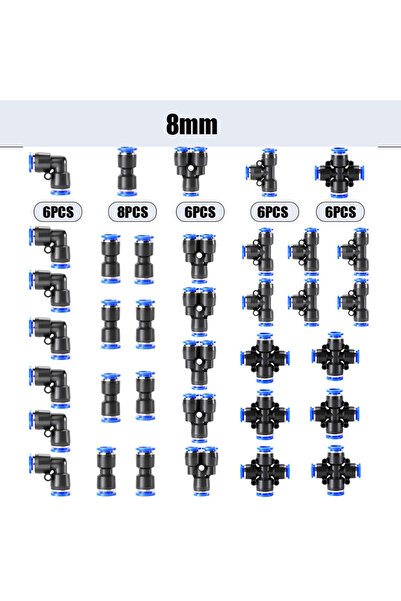 Choice 8mm 32pcs Quick Connect Hose Fitting Set - Elbow/Three-Way/Straight, G...