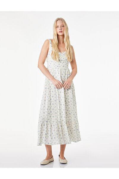Koton Дълга рокля без ръкави, с яка, от вискоза с флорален принт