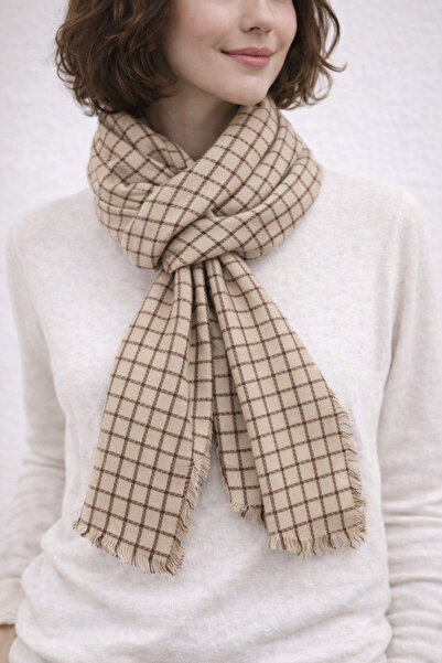 KRAFTELLA Plaid Linen-Look Cotton Square Shawl/Linen-Effect Cotton Scarf/Natu...