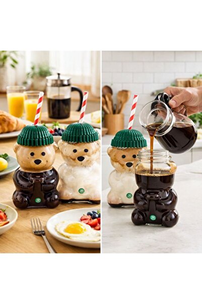 egolika kids Ayıcık Figürlü Cam Bardak Kapaklı Pipet Uyumlu Dekoratif Sunum B...