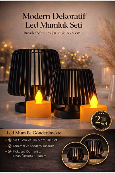 zulya Modern Dekoratif LED Mumluk Seti 2’li – Siyah Minimal Tasarım Şık Masa ...