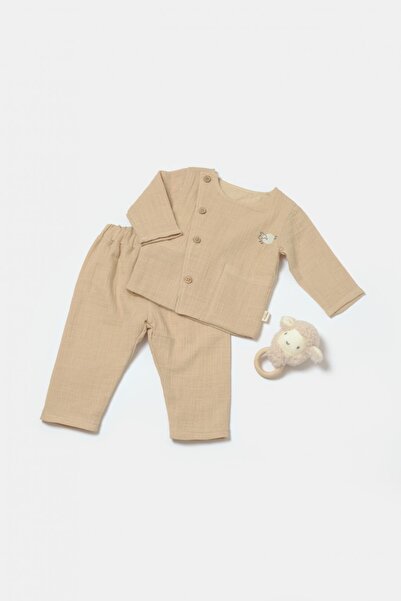 BabyCosy Σετ bluza cu nasturi si pantaloni - Χειμωνιάτικη μουσελίνα - Βερίκοκο