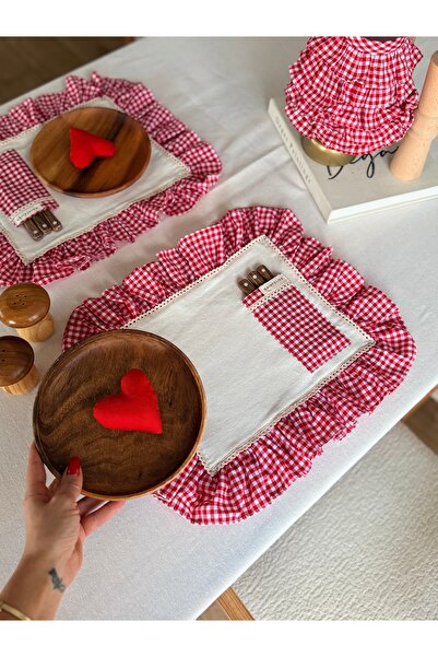 KaiAtelier 2Li Mia Cepli Ham Keten Kareli Fırfır Detaylı Amerikan Servis/ Supla