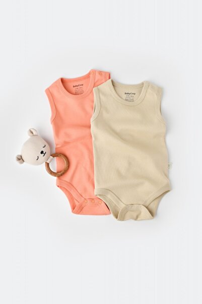 BabyCosy Σετ 2 αμάνικα βρεφικά κορμάκια unisex - 100% βαμβάκι - Ροζ/Κρεμ