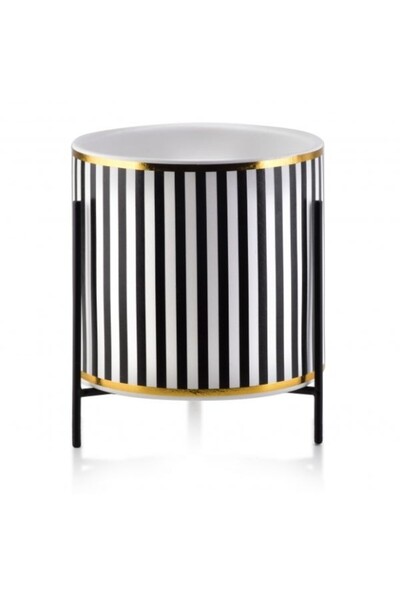 OEM Ghiveci de flori de lux cu suport metalic, alb și negru, dungi verticale