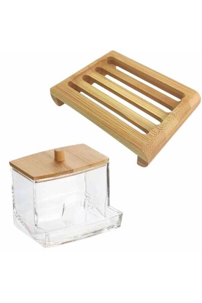 JollyMag Set of 2 Bamboo Pieces, Cotton Swab Storage Box and Non-Slip Soap Di...