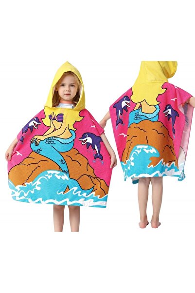ECARLA Prosop de baie si plaja, tip pelerina halat cu gluga, model sirena pen...