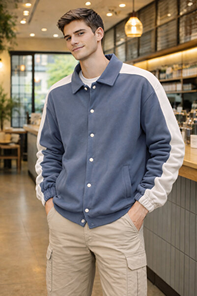 pi fashion Men's Oversized Snap Button Shirt Collar Jacket