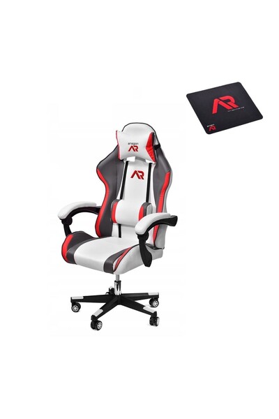 JollyMag Scaun de gaming, cu perna lombara, alb, gri si rosu, 65x67x112 cm + ...