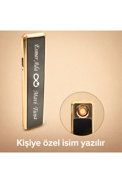 AYKE AKSESUAR Kişiye Özel İsim Baskılı Şarjlı Elektronik Siyah Çakmak